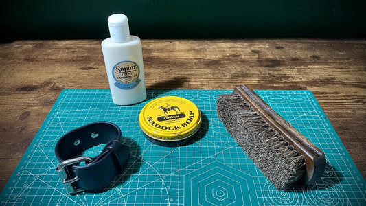 Studio shot of premium leather conditioning creams and saddle soaps tailored for heavy vegetable-tanned gear maintenance.