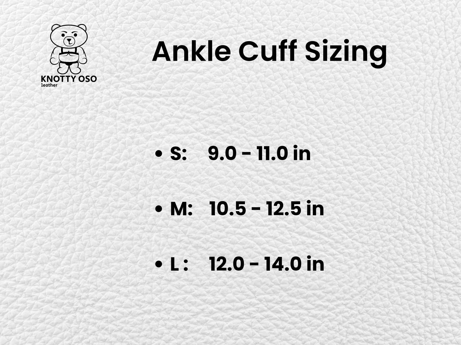 Ankle cuff sizing chart with measurements on a textured white background