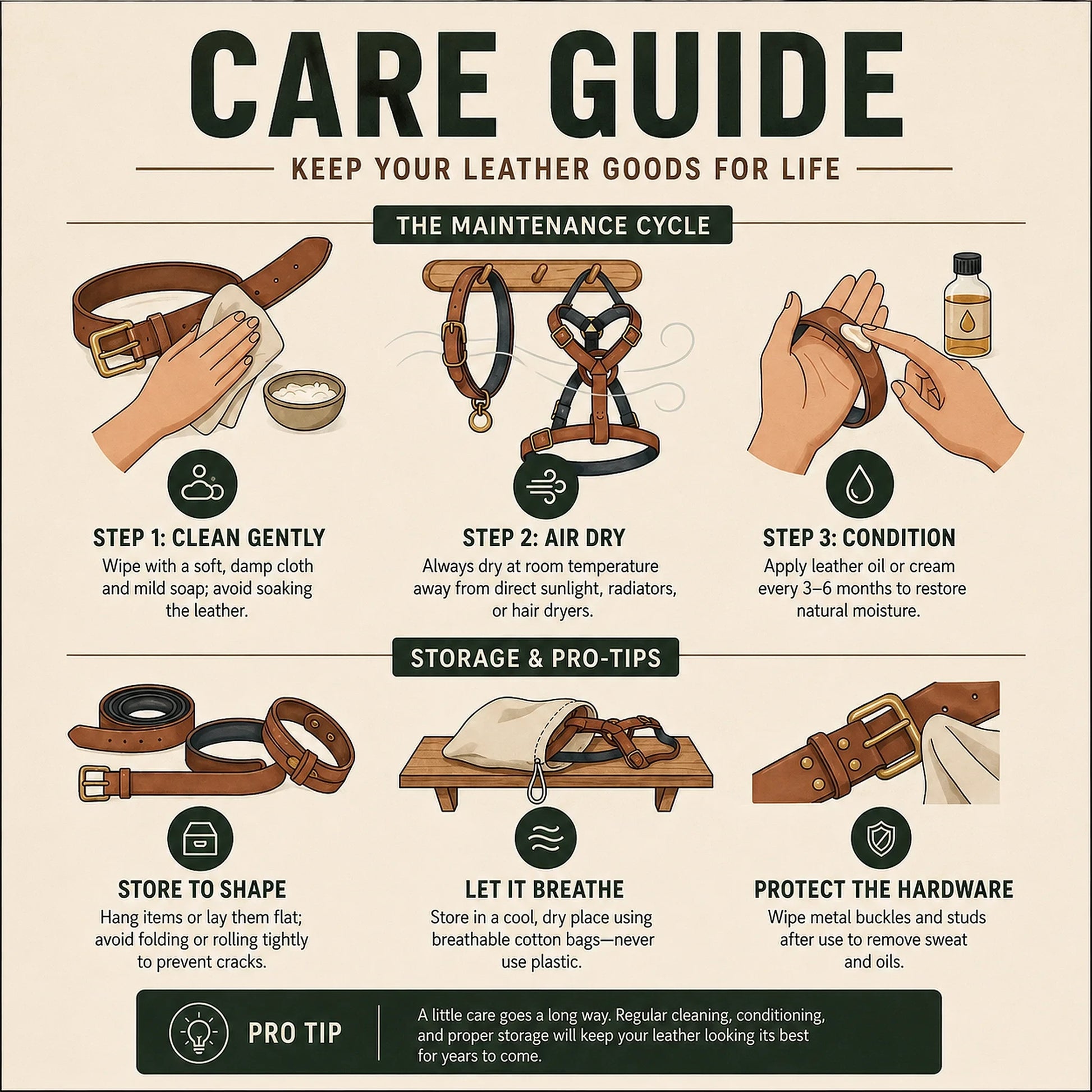 Handmade vegetable-tanned leather care instructions guide showing conditioning and maintenance steps.
