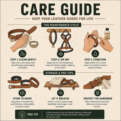 Handmade vegetable-tanned leather care instructions guide showing conditioning and maintenance steps.
