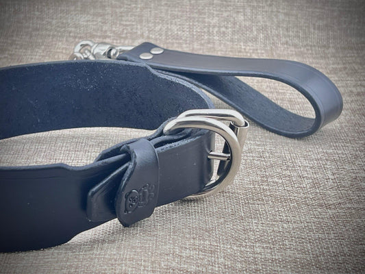Black human pet collar and leash with silver buckle on a textured gray background