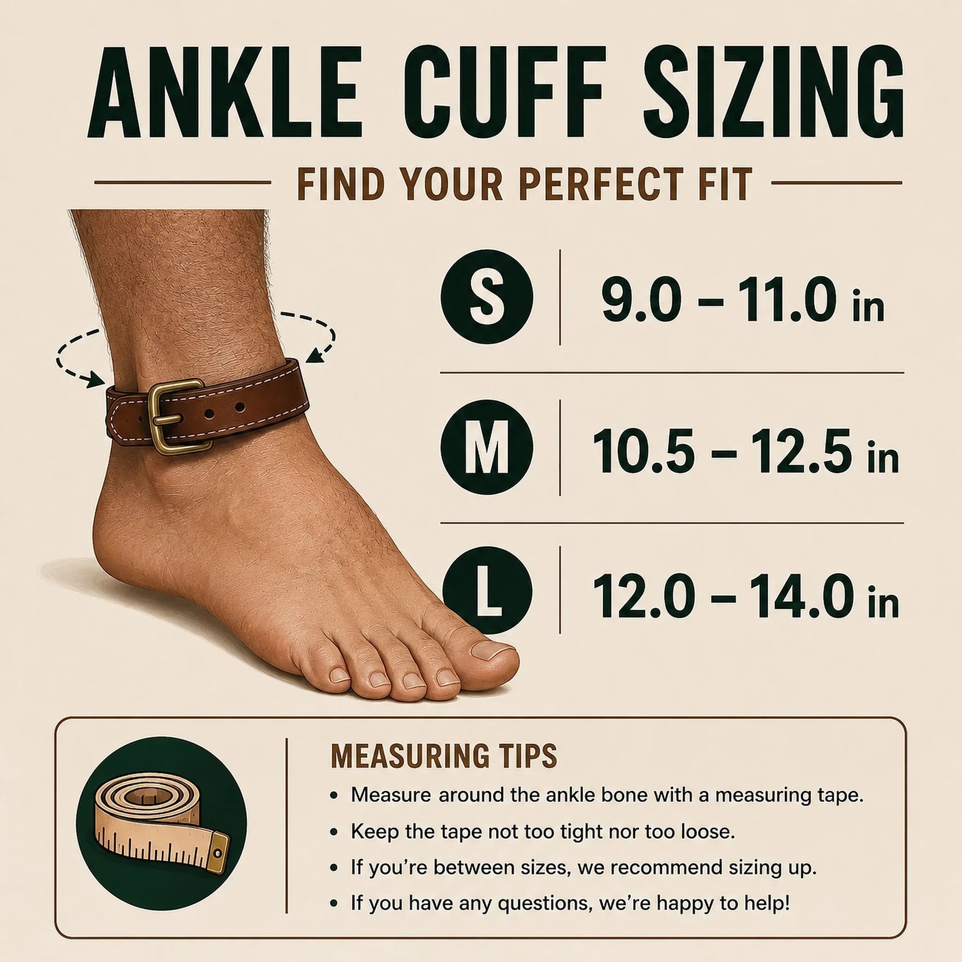 Knotty Oso ankle cuff sizing chart and diagram displaying fit ranges for Small 9 to 11 inches, Medium 10.5 to 12.5 inches, and Large 12 to 14 inches with measuring tips.