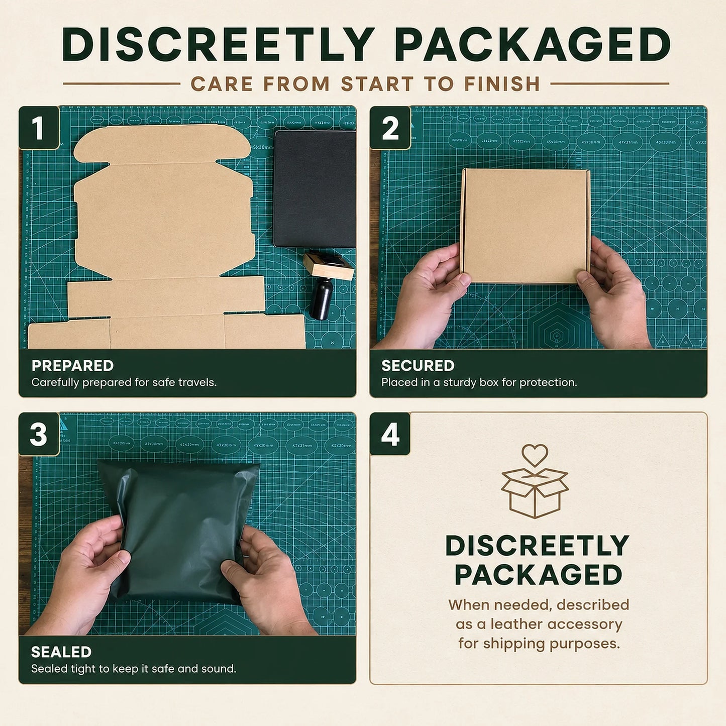 Knotty Oso shipping policy infographic illustrating unbranded discreet packaging, secure boxing, and plain outer polymailer wrapping to protect customer privacy.