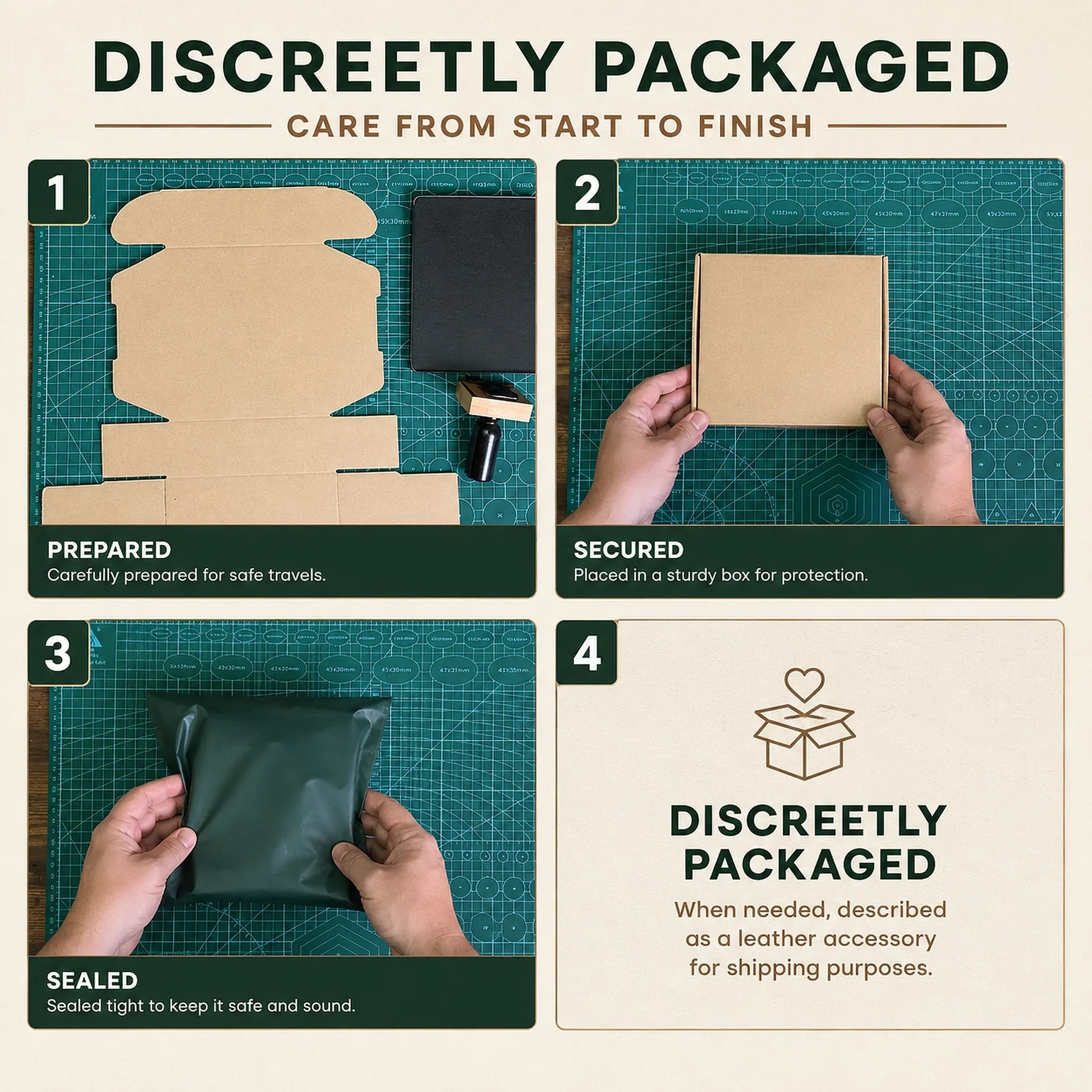 Knotty Oso shipping policy infographic illustrating unbranded discreet packaging, secure boxing, and plain outer polymailer wrapping to protect customer privacy.