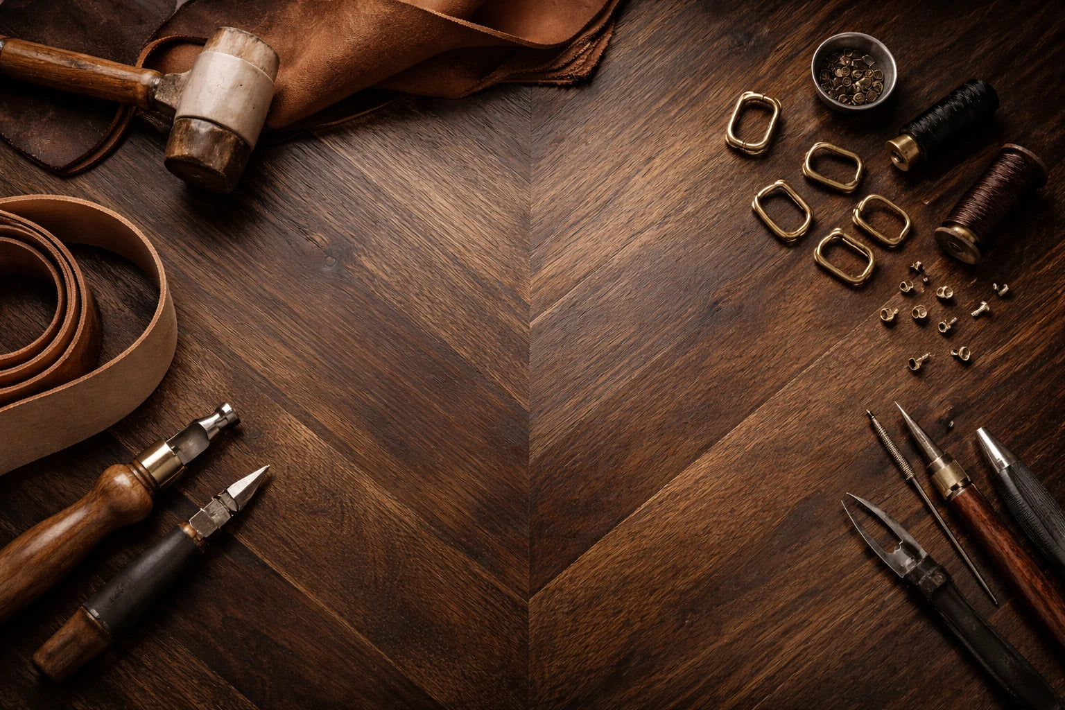 Symmetrical overhead flat lay of professional leathercraft hand tools, heavy hides, brass buckles, and spools of thread arranged on a rich dark wood chevron table.