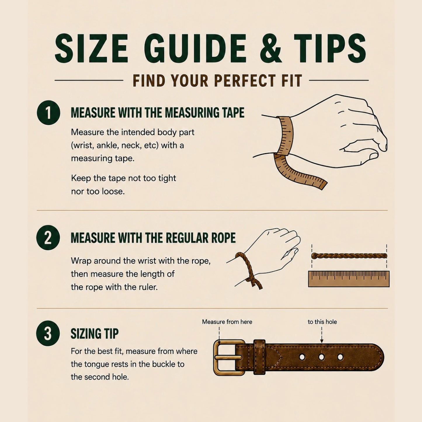 Knotty Oso sizing tips infographic explaining how to use a measuring tape or regular rope to determine accurate wrist, ankle, and neck dimensions for leather accessories.