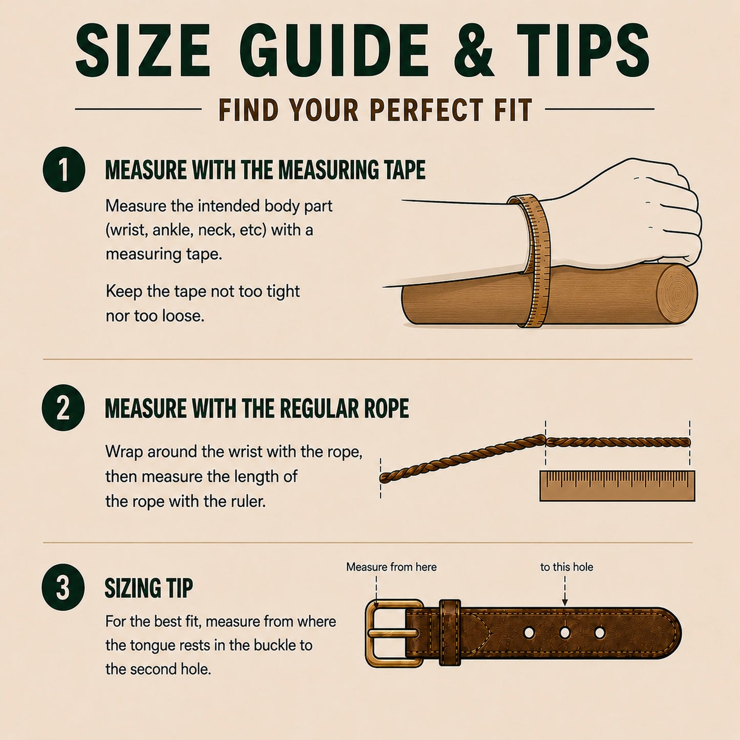 Knotty Oso restraint sizing guide infographic outlining step-by-step instructions for measuring the wrist, ankle, or neck over a cylinder using a measuring tape or regular rope, including buckle sizing tips for a perfect fit