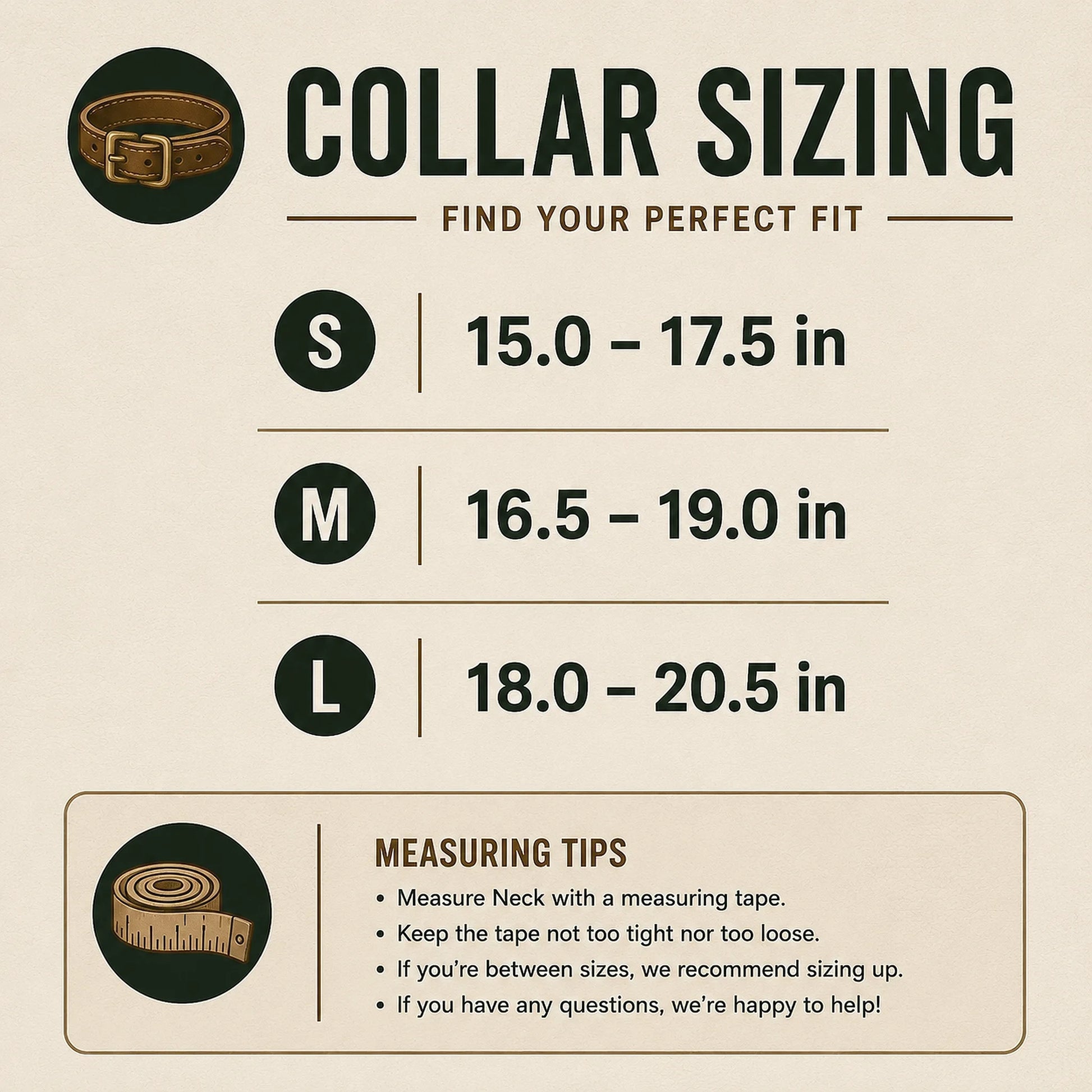Knotty Oso leather collar sizing chart detailing fit dimensions for Small 15 to 17.5 inches, Medium 16.5 to 19 inches, and Large 18 to 20.5 inches with neck measurement tips.
