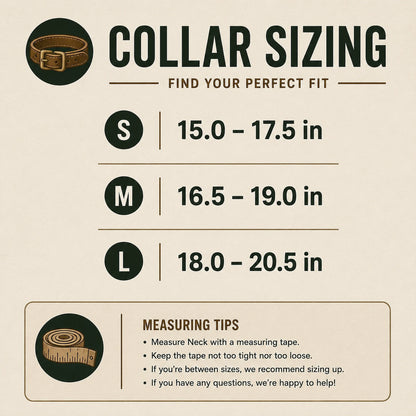 Knotty Oso leather collar sizing chart detailing fit dimensions for Small 15 to 17.5 inches, Medium 16.5 to 19 inches, and Large 18 to 20.5 inches with neck measurement tips.