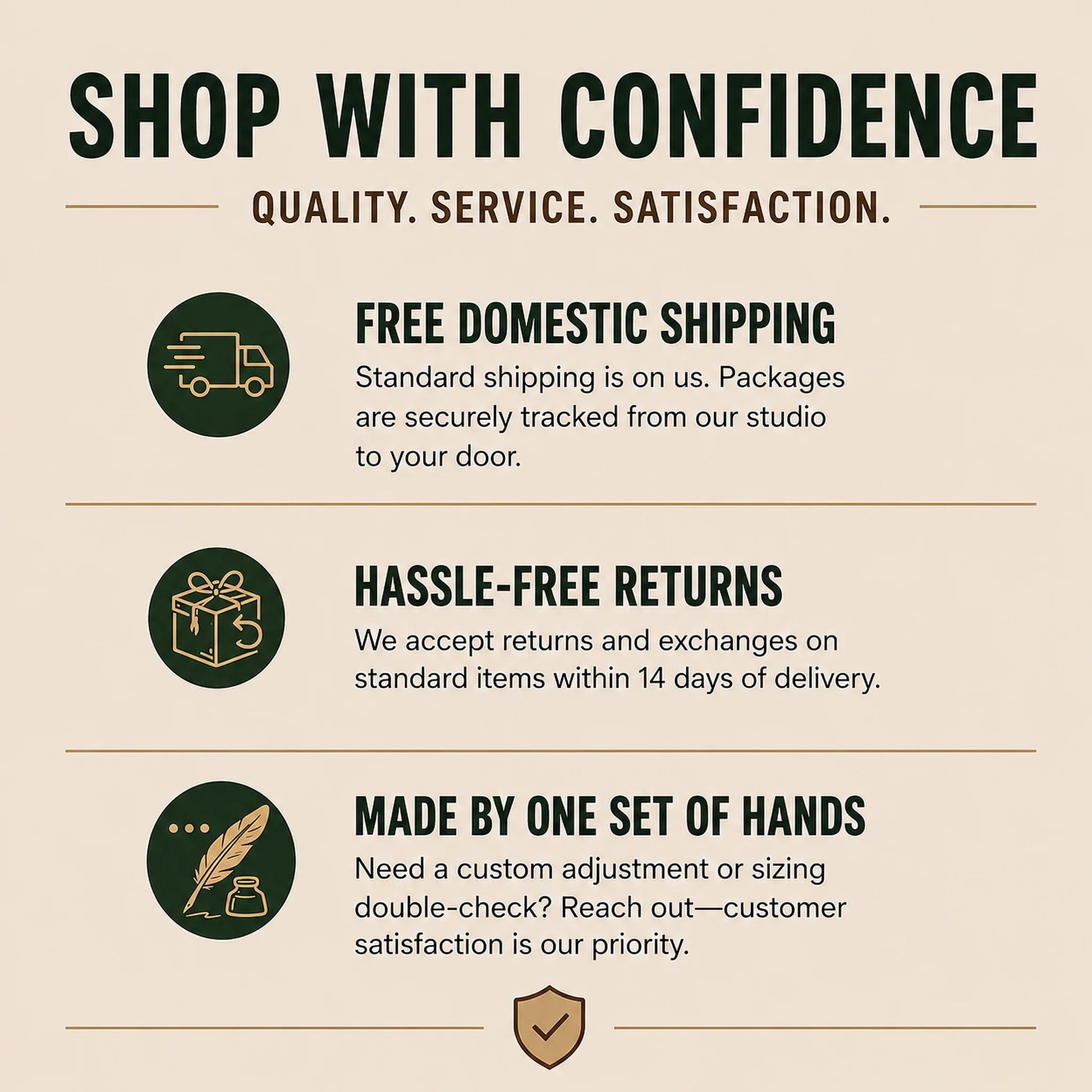 Knotty Oso customer confidence infographic detailing free domestic shipping with secure tracking, hassle-free 14-day returns, and artisanal handmade guarantee.