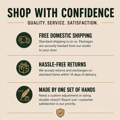 Knotty Oso customer confidence infographic detailing free domestic shipping with secure tracking, hassle-free 14-day returns, and artisanal handmade guarantee.