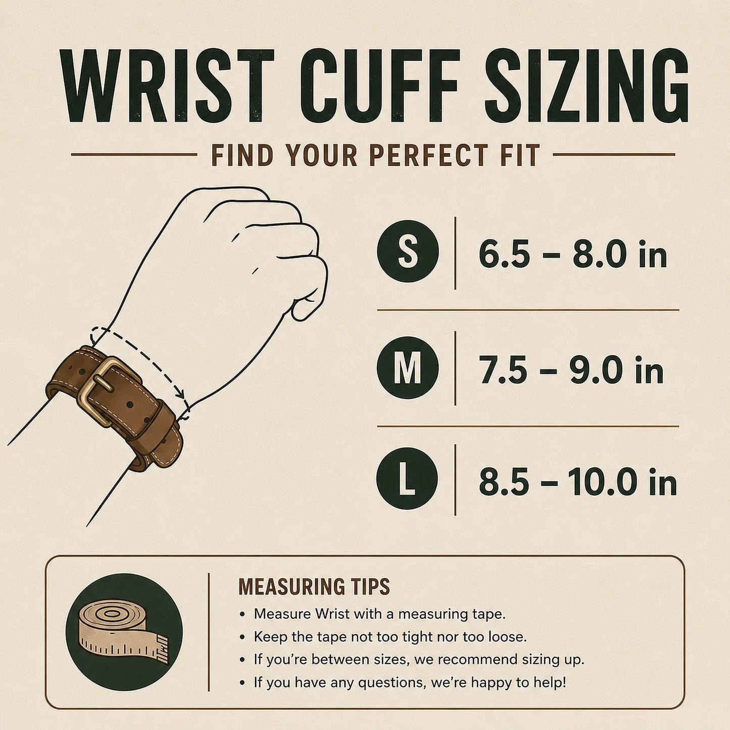 Knotty Oso wrist cuff sizing chart and illustration showing fit specs for Small 6.5 to 8 inches, Medium 7.5 to 9 inches, and Large 8.5 to 10 inches with apparel measuring tips.