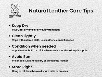 Natural leather care tips with a brand logo on a textured gray background
