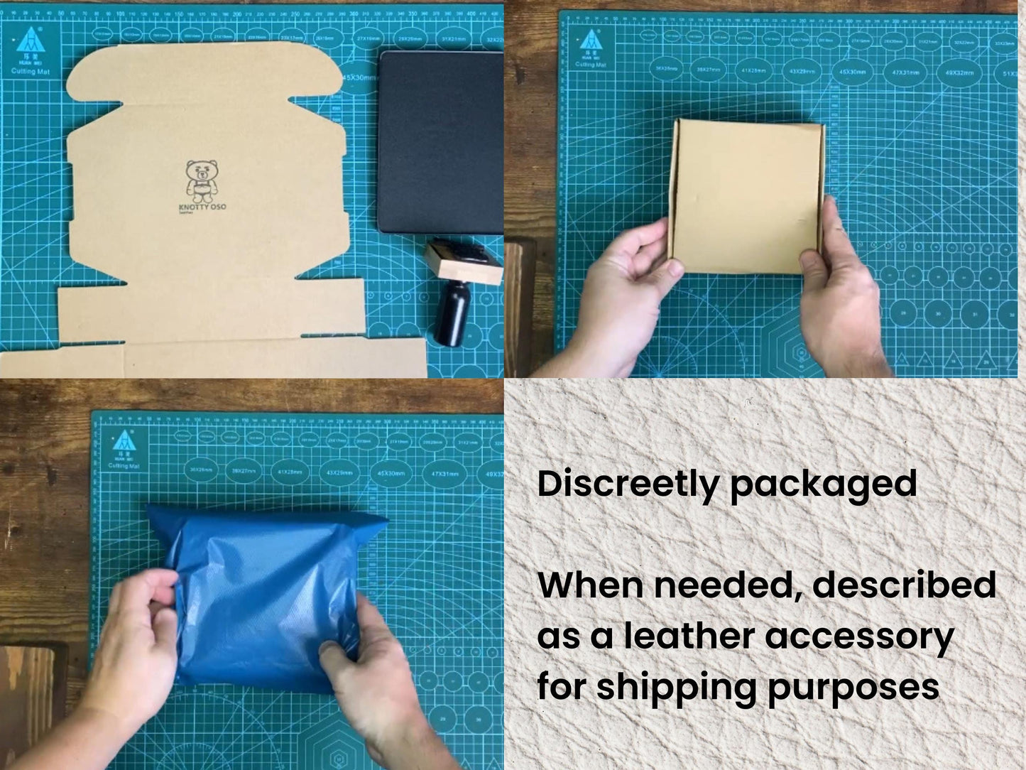 Step-by-step process of packaging a product on a cutting mat with text about discreet packaging.