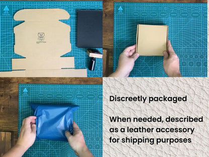 Step-by-step process of packaging a product on a cutting mat with text about discreet packaging.