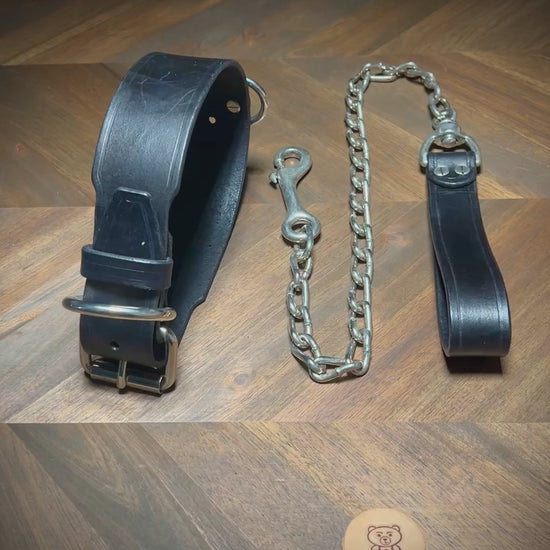 Demonstrating the flexibility and buckle fastening of a 1.75" black leather collar with nickel-plated steel hardware.