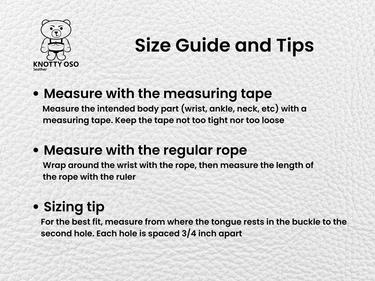 Size guide and tips for measuring with a measuring tape and rope on a textured white background.