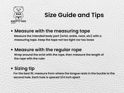 Size guide and tips for measuring with a measuring tape and rope on a textured white background.