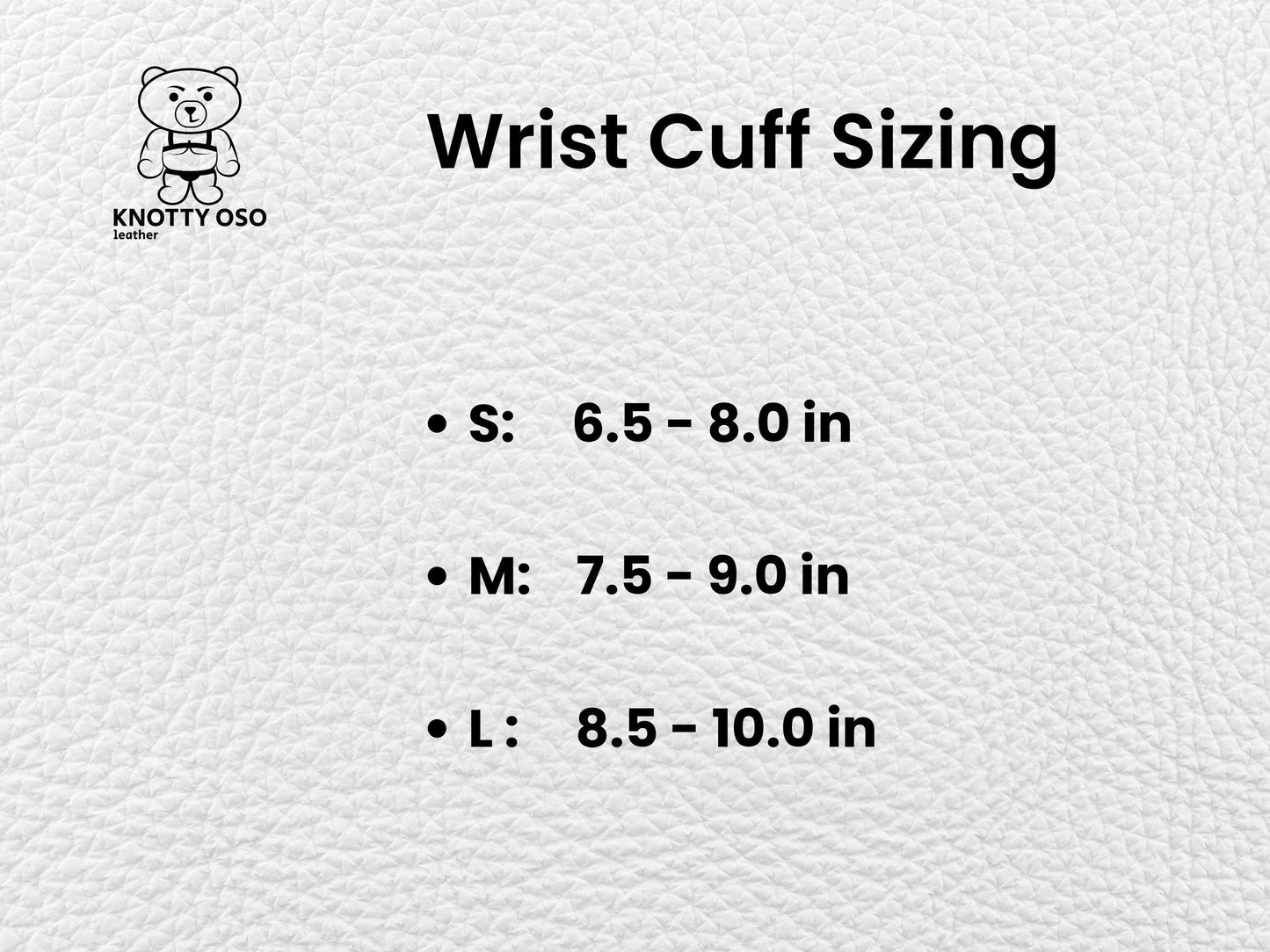 Wrist cuff sizing chart with measurements on a textured white background